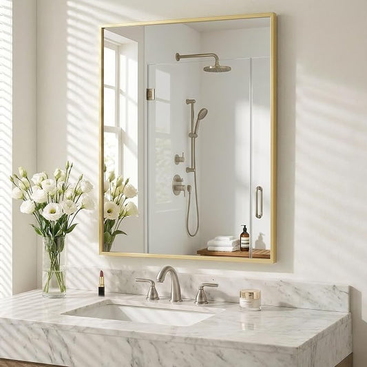 30"x36" Gold Bathroom Mirror for Wall, Shatterproof Tempered Glass, Brass Tone Rectangle Narrow Frame, H/V Wall-Mounted, Ultra-Flush