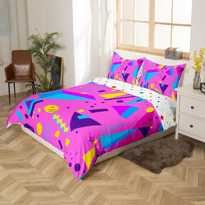 80s Bedding Set Memphis Pattern Old Fashion Comforter Cover,Vintage 90s Memphis Style Duvet Cover Abstract Geometric Pattern Retro Bed Set Full,Rainbow Urban Modern Circles Triangle Room Decor