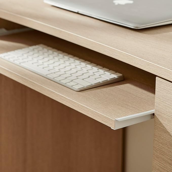 Modway Mirae 55 Inch Computer Desk with Drawers in Brushed Light Oak – Modern Compact Office Desk with Keyboard Tray, Curved Edges, and 6 Storage Drawers for Bedroom, Dorm Room, or Vanity Setup