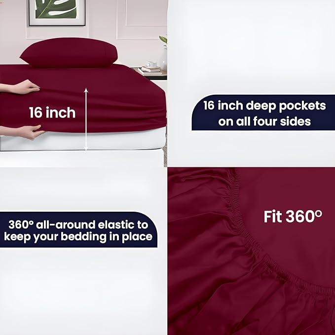 SGI bedding 100% Egyptian Cotton Sheets RV King Size – 600 Thread Count Sheets Set, Soft, Cooling, 15" Deep Pocket, Luxury Hotel Bedding, Breathable, Durable - Burgundy