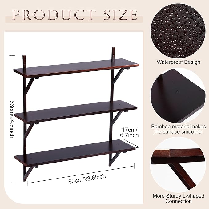 Pinkunn 3 Tier Mid Century Wall Shelves, 24.8 Inch High Walnut Storage Shelf Mid Century Wall Decor Rustic Transitional Mount Shelves for Living Room Bathroom Bedroom Display