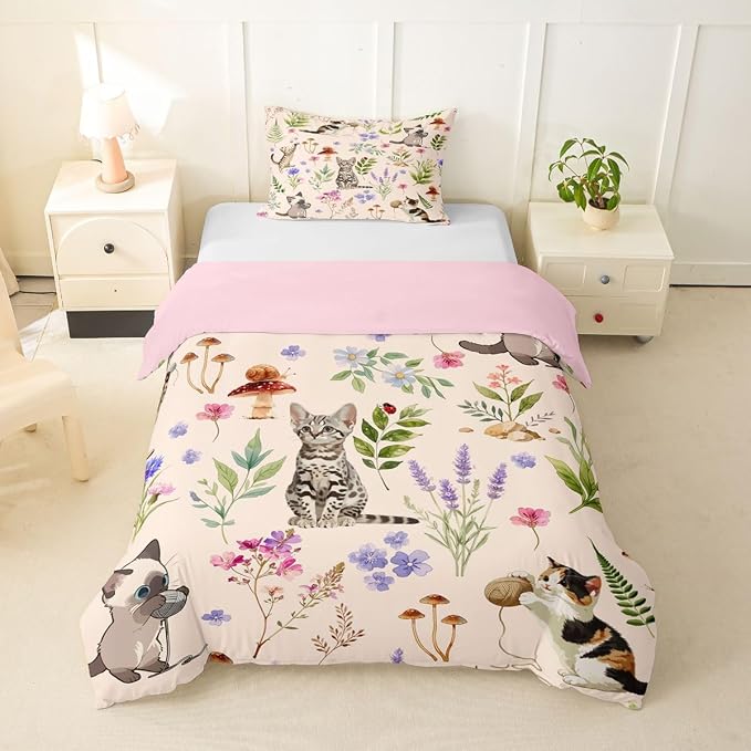 Erosebridal Cute Cat Toddler Comforter Cover Kitten Cat Lovers Bedding Set Beige Boho Watercolor Floral Duvet Cover for Kids Girls Boys Adults Funny Pet Animal Bed Set