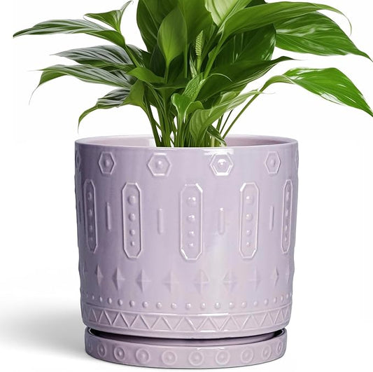 Eightpot Ceramic Flower Pots, 8 Inch Plant Pots Indoor Outdoor, Round Planter with Drainage Hole and Tray, Boho Planter, Decorative Pot for Plants, Apartment Decor, House Warming Gifts, Purple