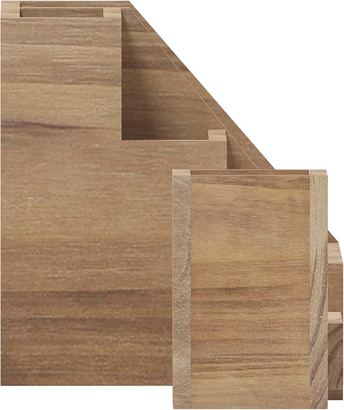 Merrick Lane Ceely 3 Wood Organizer Set - Rustic Brown Solid Pine Wood - For Desktop, Table Top, or Vanity