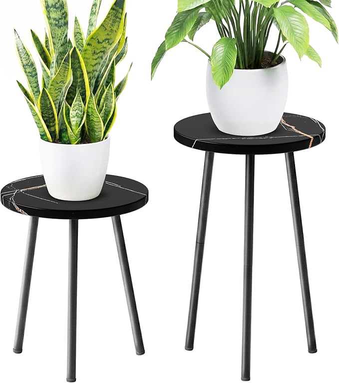 Plant Stand Indoor Tall: Corner Wood Plant Stand 2 Pack Mid Century Modern Decor - Small Round Plant Table for Indoor Plants - Outdoor Plant Holder for Patio Living Room Office (Black Marble)