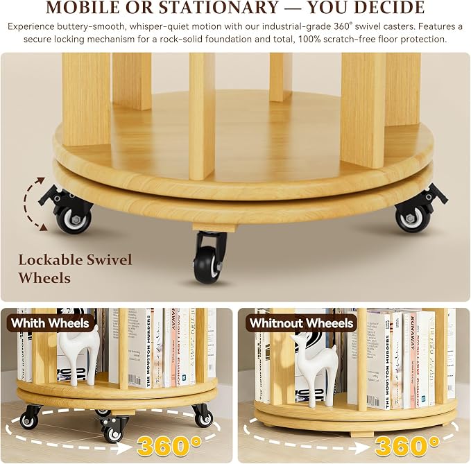 6 Tier Rotating Solid Wood Bookshelf, Corner Small Bookshelf Lazy Susan Organizer,Circular Rotating Spinning Bookshelf on Wheels, Revolving 360° Bookshelf for Small Spaces for Bedroom Natural