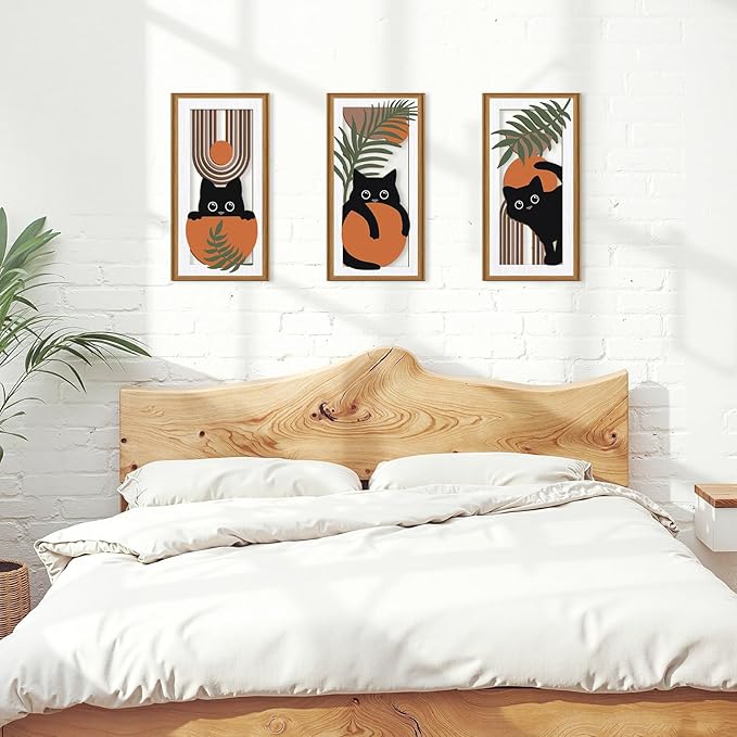 Ausril 3Pcs Boho Black Cat Wall Decor,Boho Cats Wall Art,Mid Century Modern Decor Black Kitty,Abstract Geometric Cats Artwork,Minimalist Botanical Bohemian Cat Wood Art for Home Bedroom Living Room