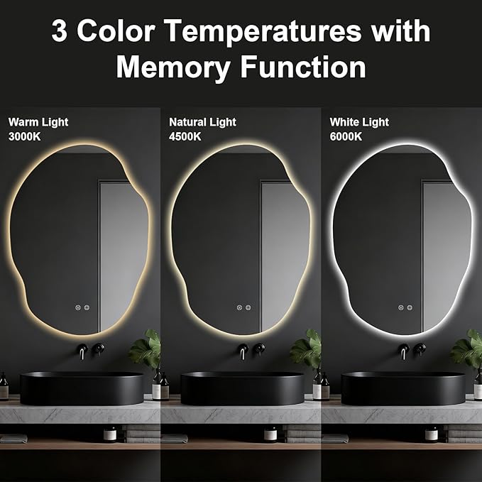 Asymmetrical Bathroom Mirror with Lights,Irregular LED Bathroom Vanity Mirror with Backlit,Anti-Fog,3 Colors and Dimmable Light with Memory,Hardwired Supported[Horizontal/Vertical] 40" H x 30" W