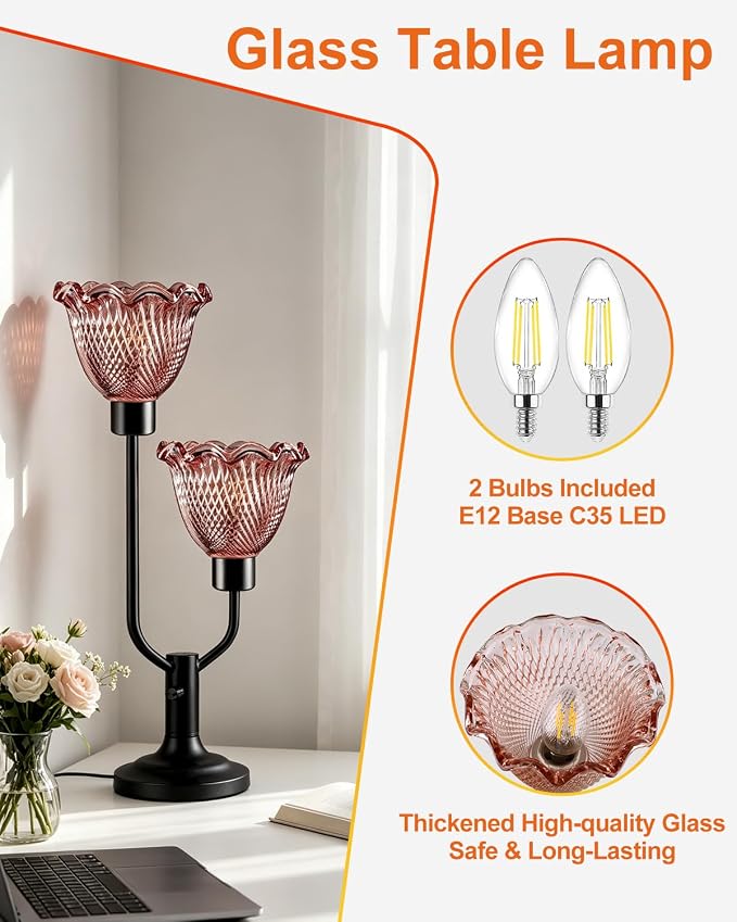 Lightdot Mid Century Modern Red Table Lamp Dimmable Flower Glass Desk Lamp Vintage Black Nightstand Lamp 2 Bulbs Included Warmwhite Ambient Bedside Lamps for Living Room Bedroom Home Office Decor Gift