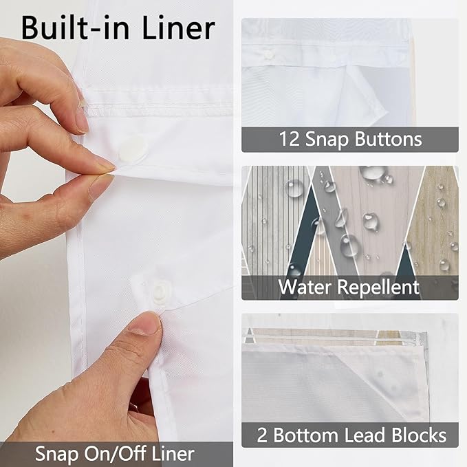 No Hook Shower Curtain with Snap in Liner - Modern Geometric Wood-Textured Pattern, Neutral Shower Curtains with See Through Mesh Top Window, Gray Beige Waterproof Cloth Fabric, 71x74 Inch