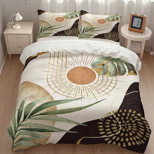 Boho Sunrise Bedding Set,Mid Century Aesthetic Tropical Palm Leaves Abstract Minimalist Comforter Set with Pillowcase for Bedroom Bed Decor,Full 79"x90"