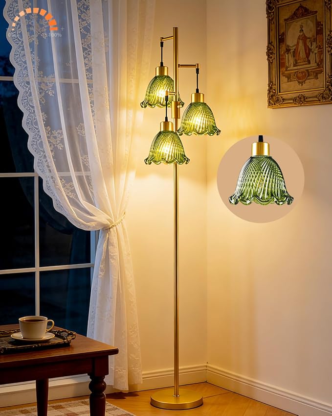 3-Light Modern Glass Floor Lamp, Gold Standing Tall Lamp with Green Glass Shade for Reading, Dimmable LED Floor Lamp with 5Lbs Heavy Base for Living Room Bedroom Home Decor, Bulb Included