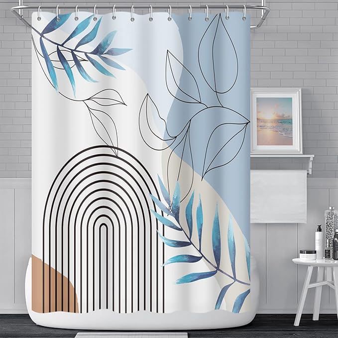 Abstract Mid Century Bathroom Shower Curtain - Bohemian Eucalyptus Leaves Stripes Arch Light Blue With Hooks, Waterproof Fabric Polyester Home Decor, 48x72 Inch