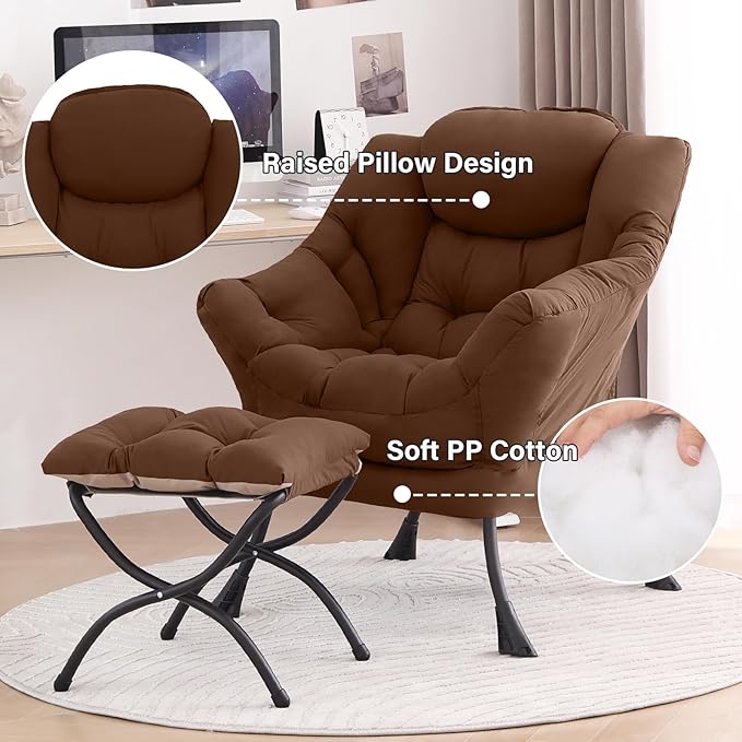 Tiita Lazy Chair with Ottoman, Brown Modern Large Accent Chair, Comfy Leisure Sofa Armchair with Ottoman, Reading Chair with Footrest for Bedroom, Living Room, Dorm Rooms, Brown