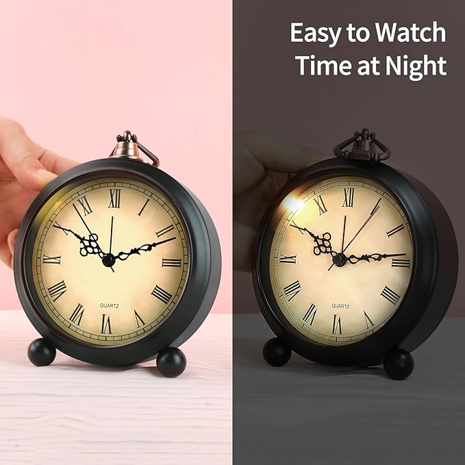 pxy Retro Alarm Clock for Heavy Sleepers 3D Dial Battery Operated (Battery Include), 4" Super Silent Analog Alarm Clock for Kids with Night Light PT260 Silver Orange PT508-2 Roman Numbers