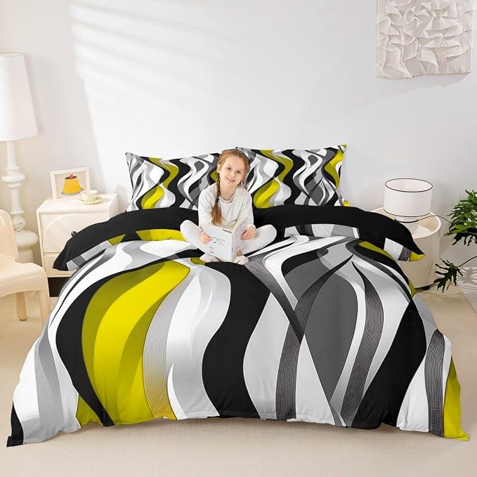 Yellow Black Stripes Duvet Cover Set Full Size,Geometric Comfy Striped Waves Bedding Set,Boys Girls Room Decor,Modern Abstract Simple Art Comforter Cover,Chic Quilt Cover,2 Pillowcases(No Filler)
