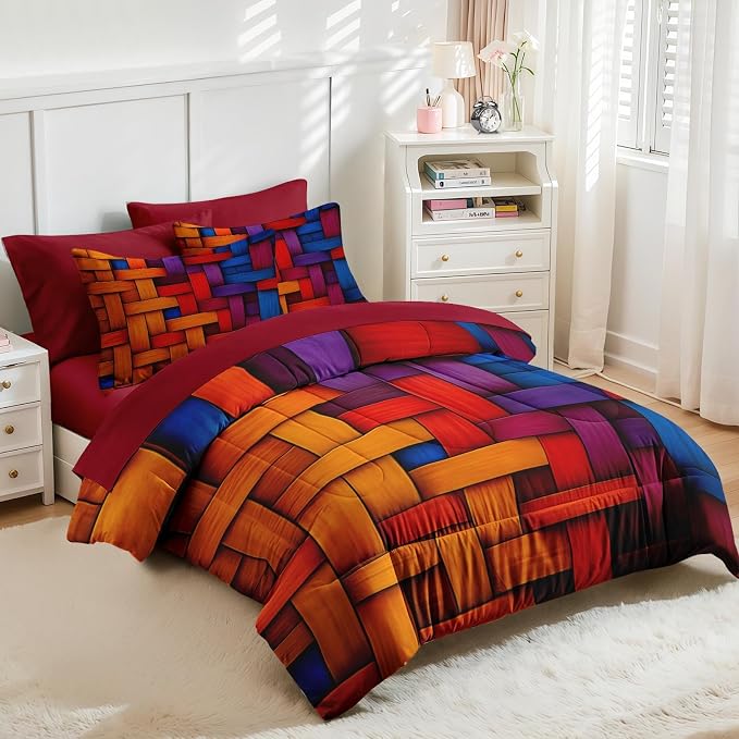 Nesker 7 Pcs Comforter Set King Size, Colorful Geometric Bedding Set for Kids and Adults, Abstract Minimalist Bed Sheet Sets with Fitted Sheet 2 Pillowcases & 2 Shams