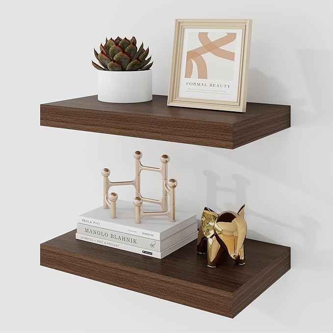 16 Inch Floating Shelves, 9.3" Deep Floating Shelf Wall Mounted, 16" Wall Shelves, Rustic Deep Bookshelf, Large Display Shelves & Storage Shelves for Bedroom, Living Room, Walnut, Set of 2