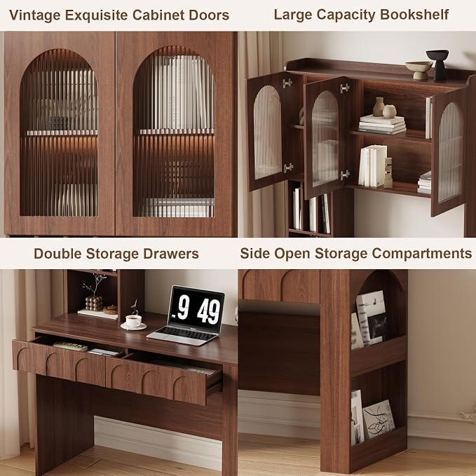 79" Mid-Century Desk, Multifunctional Computer Desk with Drawer and Glass Storage Cabinets, Reading Table, Office Desk, Bedroom Vanity Desk(120CM, A)
