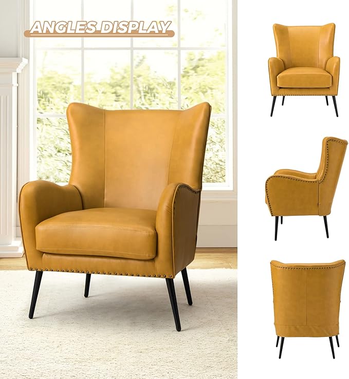 HULALA HOME Faux Leather Accent Chair with Removable Cushion, Comfy Upholstered Armchair with Black Metal Legs & Nailhead Trim Wingback Vanity Chair for Reading Living Room Bedroom, Yellow