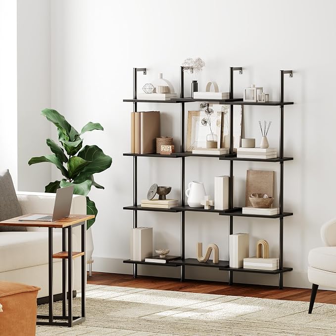 HOOBRO DIY Ladder Shelf, 6-Tier Wooden Wall Mounted Bookshelf, Narrow Bookcase, Display Shelf, Storage Rack, Plant Stand, for Living Room, Bedroom, Study, Balcony, Black BB651CJ01