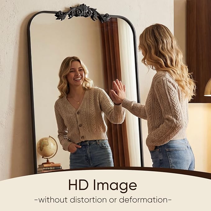 Antok Arched Full Length Mirror, 32"x71" Floor Mirror with Carved, Full Body Mirrors for HomeDecor, Standing/Halling Large Wall Mirror for Bedroom, Living Room, Cloakroom, Black, Luxury Style