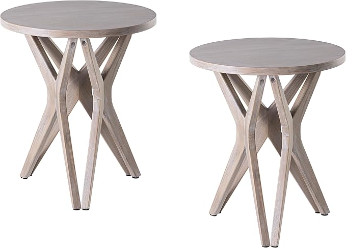 LONYKE Pedestal Farmhouse End Table Set of 2, Distressed Top with Tripod Base Bedside Table for Living Room, Modern, Boho Decor, Round (2-Pack, Distressed Aah Grey)