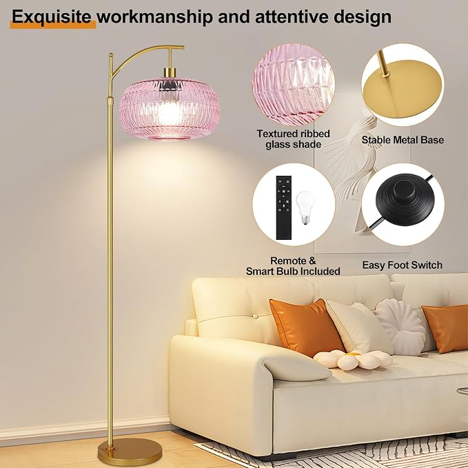 QIYIZM Pink Floor Lamp for Living Room,Bedroom,Gold Dimmable Standing Lamp with Remote,Mid Century Modern Brass Tall Lamp Boho Floor Lamps Arc Stained Glass Flower Floor Light Lamp Girls kids Bohemian