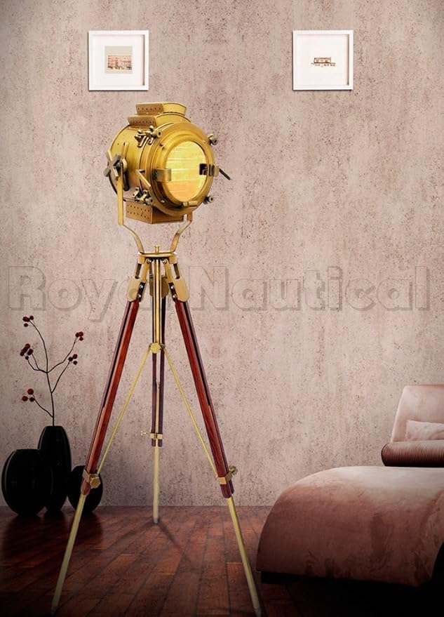 Nautical Antique Finish Brass Spotlight Searchlight Wooden Tripod Floor Lighting Stand Vintage Home Decor By Nauticalmart