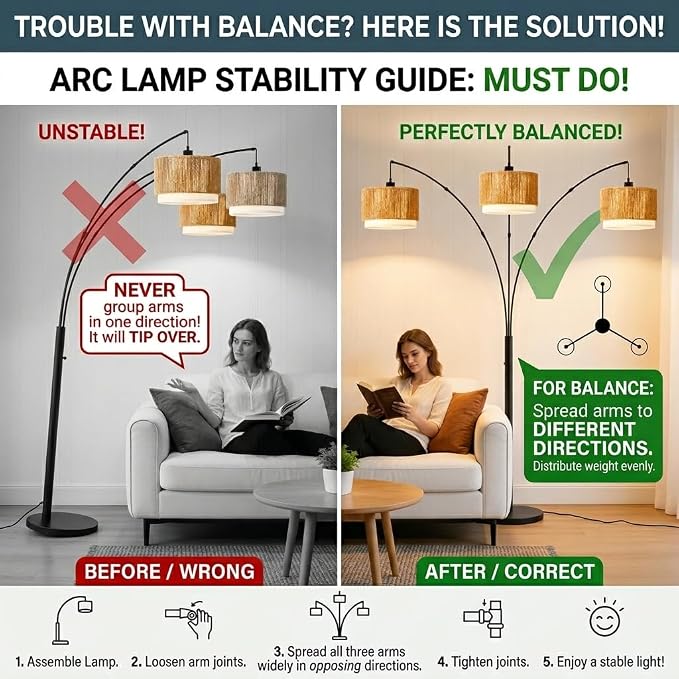 Boho Arc Floor Lamp for Living Room, Rattan Floor Lamp with Stepless Dimmable Switch, Farmhouse Standing Lamp with Wicker&Fabric Shade, Industrial Black Tall Lamp for Bedroom Over Couch Corner