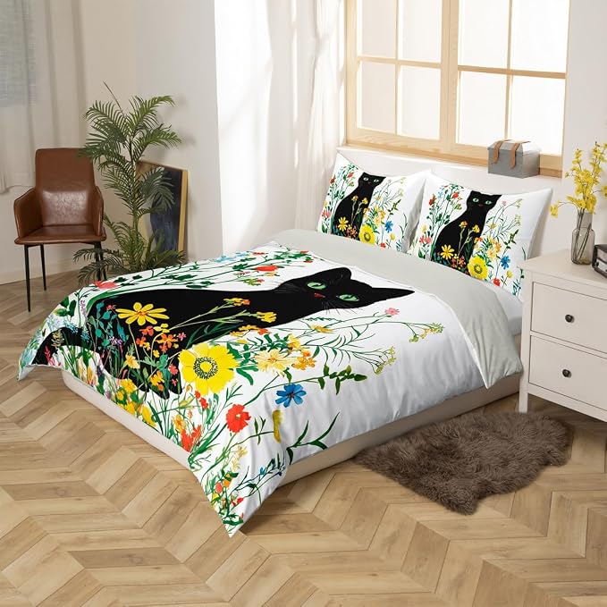 Erosebridal Cute Cat Bedding Set Twin Vintage Flowers Duvet Cover Colorful Floral Garden Comforter Cover for Kids Girls Boys Adults Elegant Chic Animal Bed Set