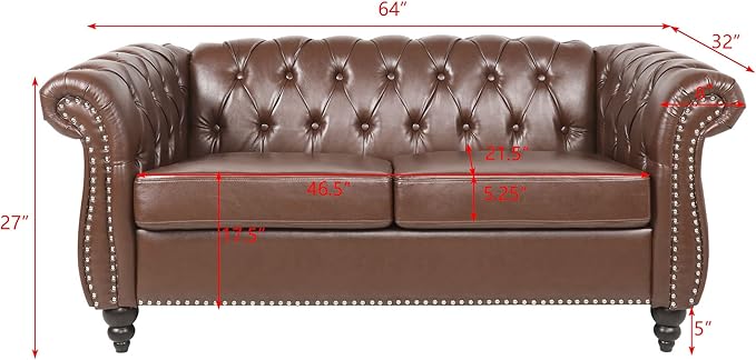 LEVNARY Leather Sofa, Chesterfield Tufted Upholstered 2 Seater Couch, Modern Loveseat Couch Classic Furniture for Living Room Bedroom (Dark Brown)