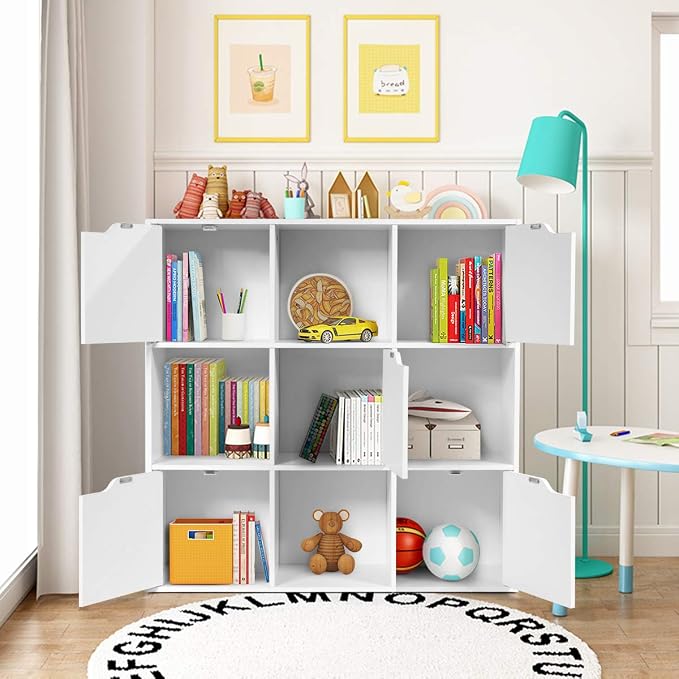 Giantex 9-Cube Storage Organizer, Storage Cabinet with 4 Open Cubes and 5 Cabinets, Freestanding Wooden Cubby Bookcase, Compartment Units for Home Office, 3-Tier Bookshelf for Books