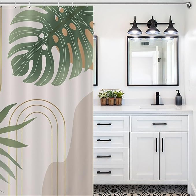 Boho Mid Century Shower Curtain,Modern Abstract Plant Botanical Palm Leaf Minimalist Bathroom Curtain Polyester Waterproof Fabric Decor 66x72in（168x183cm）