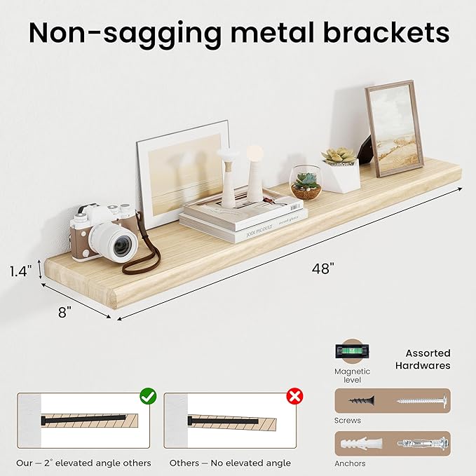 Axeman 48Inch Natural Wood Floating Shelves for Wall|Rustic Wooden Shelves for Bedroom Kitchen Bathroom|Long Storage Shelf with Invisible Bracket for Wall Mounted|Set of 1|Natural Color