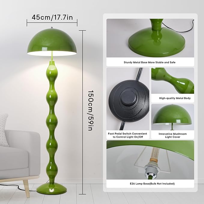 Unique Floor Lamp Creative Green Mushroom Lamp Standing Lamp with 45CM Wide Iron Shade and Foot Switch Modern Floor Light for Living Room, Bedroom, Office, Corner