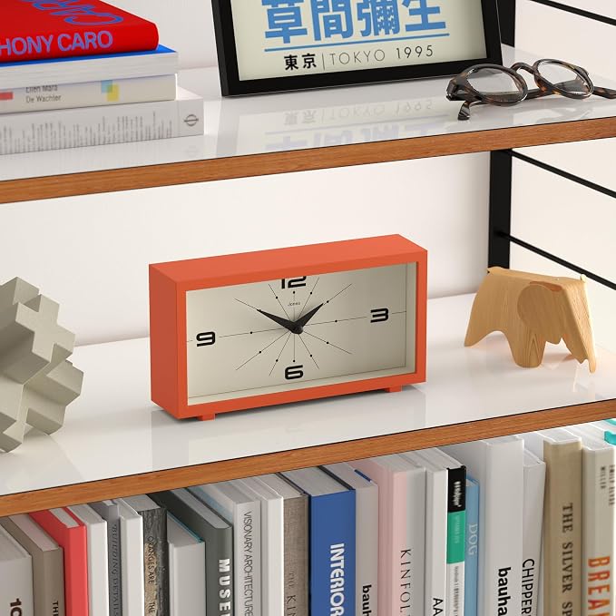JONES CLOCKS® Odeon Desk Clock | Modern Rectangular Design | Orange | Stylish Retro Look for Shelf, Table, Mantel or Bedside