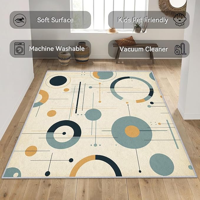Mid Century Rugs for Living Room 7x7, Retro 50s Geometric Abstract Modern Pattern Design Area Rug, Mid Century Bedroom Decor Carpet, Non Slip, Washable (RG404)
