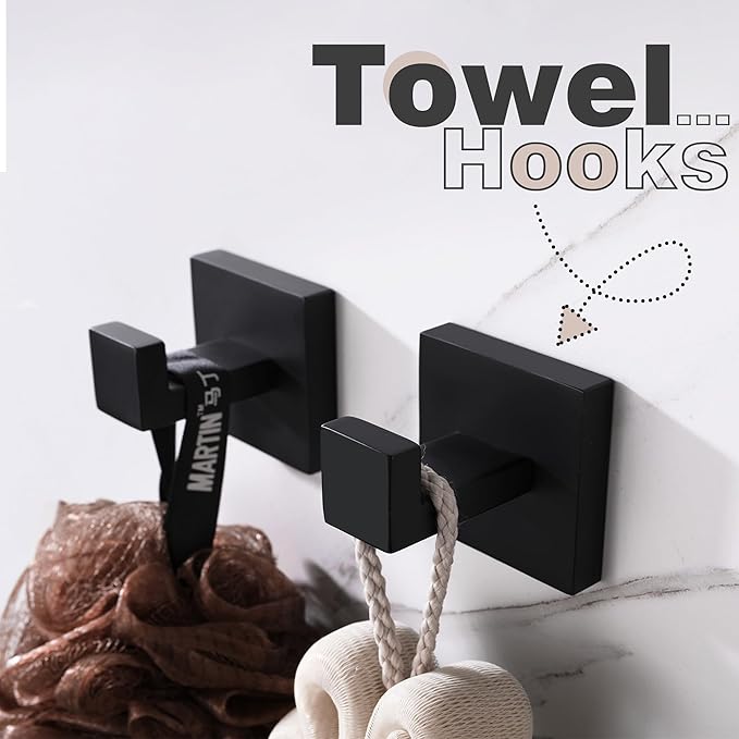 LANC 2PCS Towel Hooks for Bathroom Wall Hooks,Matte Black Robe Hooks Square Coat Hooks, Heavy Duty Stainless Steel Hand Towel Hanger for Bathroom,Kitchen,Bedroom,Hotel, Wall Mount A8805MB-P2