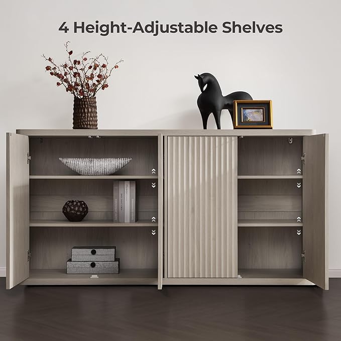 SICOTAS Buffet Cabinet with Storage Accent Sideboard with 4 Doors 66.3" Wide Fluted Credenza Modern Buffet Table Media Console Cabinet Entryway Cabinets for Living Room Kitchen Dining Room Hallway
