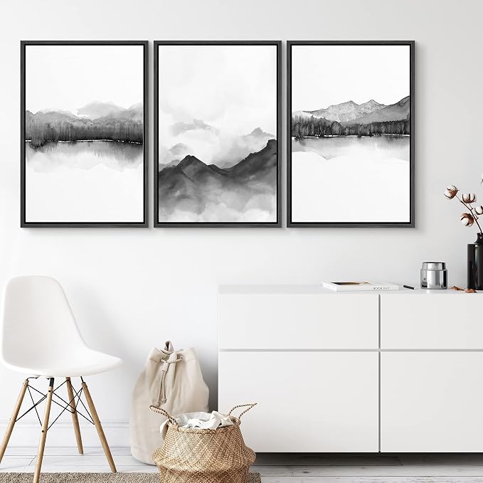 SIGNWIN Framed Canvas Print Wall Art Trio of Watercolor Mountain Ranges in Mist Abstract Wilderness Illustrations Art Minimalist Black & White for Living Room, Bedroom, Office - 24"x36"x3 Black