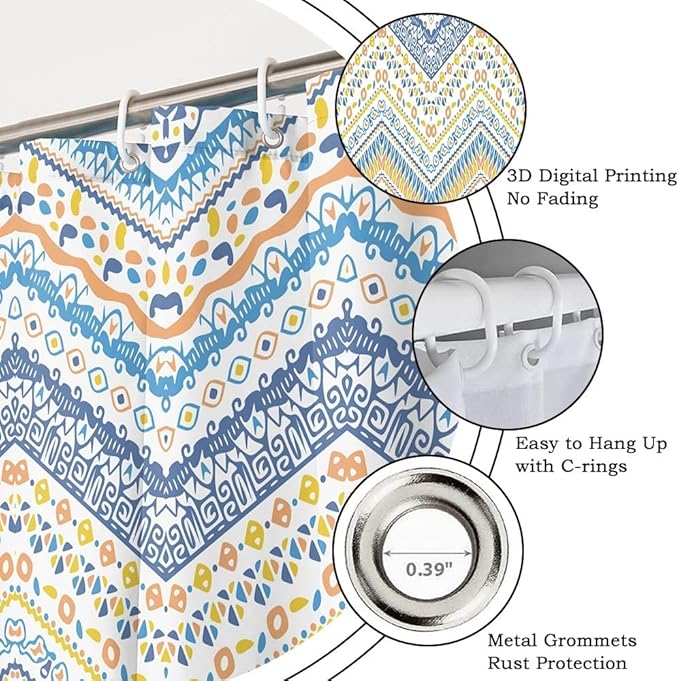 Blue Bohemian Shower Curtain for Bathroom Colorful Boho Striped Shower Curtains Modern Abstract Aesthetic Bathroom Decor Set Washable Waterproof Polyester Fabric with Hooks 48x72 Inch