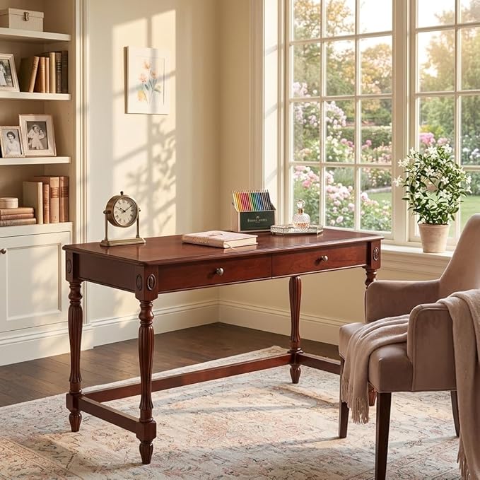 Large Computer Desk Office Table With 2 Drawers, 46" Solid Wood Study Writing Desk Workstation With Storage Space,Mid-Century Vanity Dressing Table for Home Office,Cherry Walnut BSZ1533WD-1