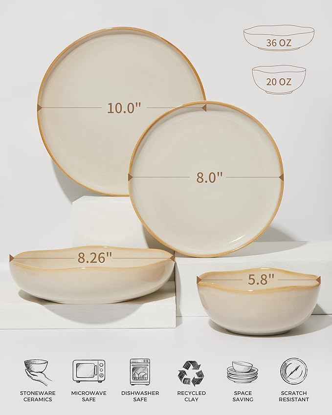 24 Pieces Dinnerware Set for 6 with Pasta Bowls, Complete Ceramic Dish Set, Stackable & Glossy Stoneware Plate and Bowl Set for Effortless Everyday Hosting, Yellow White