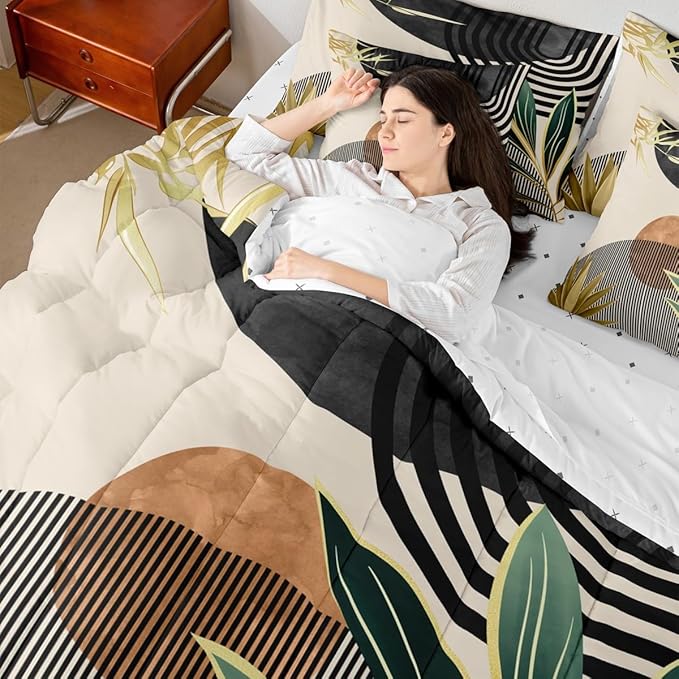 Erosebridal Mid Century Modern Bedding Sets Queen Boho Botanical Minimalist 7 Piece Comforter Set,Vintage Line Art Bed in a Bag Modern Simple Aesthetic Sheet Set with Comforter,Black Beige