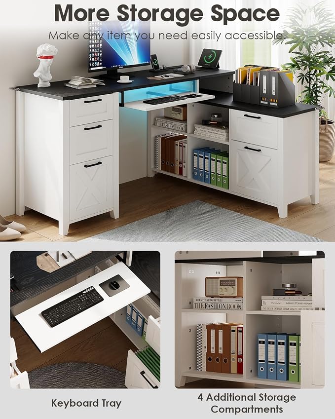 HOPUBUY Farmhouse Executive Desk with File Drawers,Wood Home Office Desk w/Charging Station,Adjustable Storage Cabinets,White Computer Writing Desk for Work,Study