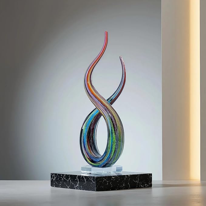 Hand Blown Murano Style Glass Sculpture, 14" Double Spiral Infinity Music Note Figurine Collectible, Modern Abstract Home Decor for Living Room Office Aquarium, Unique Gift for Art Lovers