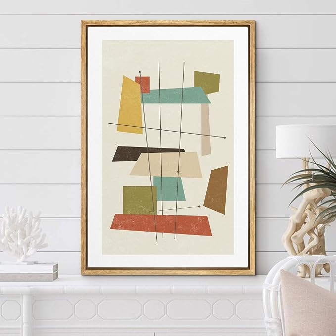 Woodrose Framed Canvas Print Wall Art 1960s Geometric Mid-Century Squares Abstract Shapes Illustrations Modern Minimalist Chic Relax/Calm Multicolor for Living Room, Bedroom, Office - 16"x24" Natural