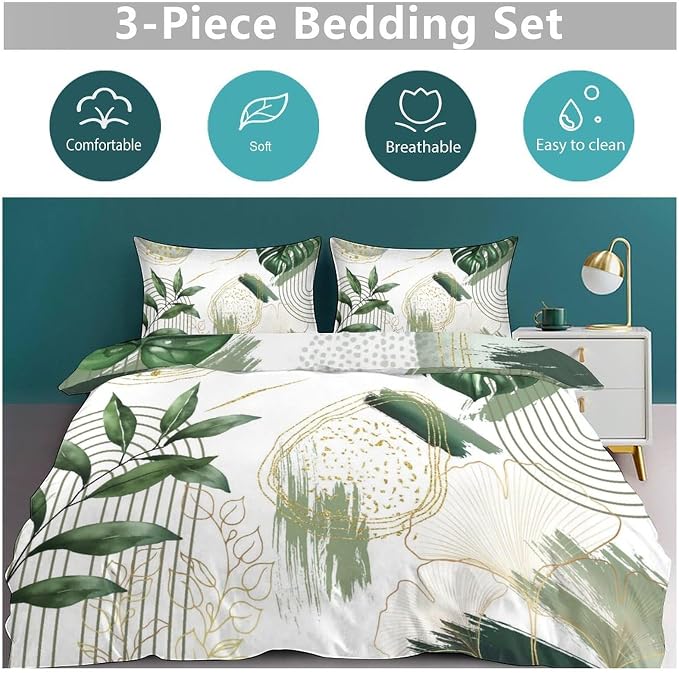 Boho Leaf Bedding Set,Mid Century Palm Tropical Leaf Abstract Geometric Modern Minimalism Green Comforter Set with Pillowcase for Bedroom Bed Decor,Queen 90"x90"