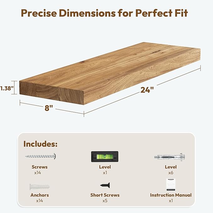 Vivelove Elm Floating Shelves for Wall Solid Wood, 24 Inches Long Rustic Wall Shelf with Invisible Bracket for Living Room Bedroom Bathroom Office Book, Farmhouse Display Shelf, Set of 2 - Natural